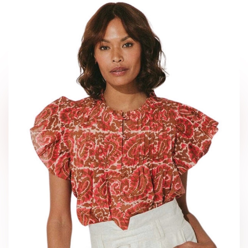 Evereve Cleobella Boho Paisley Blouse Red Brown Flutter Sleeve Top Size L